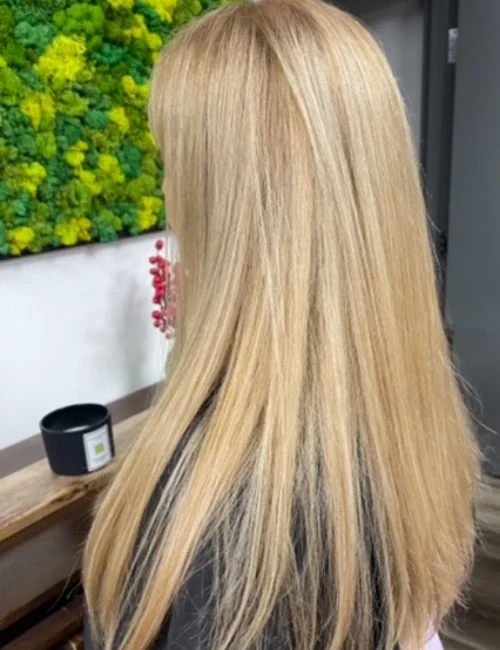 Side view of a woman's hair with a fresh cut and blonde coloring