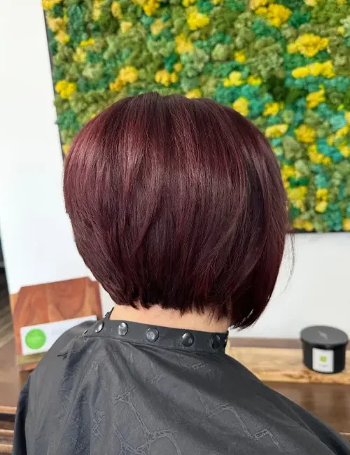 Side profile of a woman's hair, showcasing her new hair cut and reddish color at EDEN Spa Suites