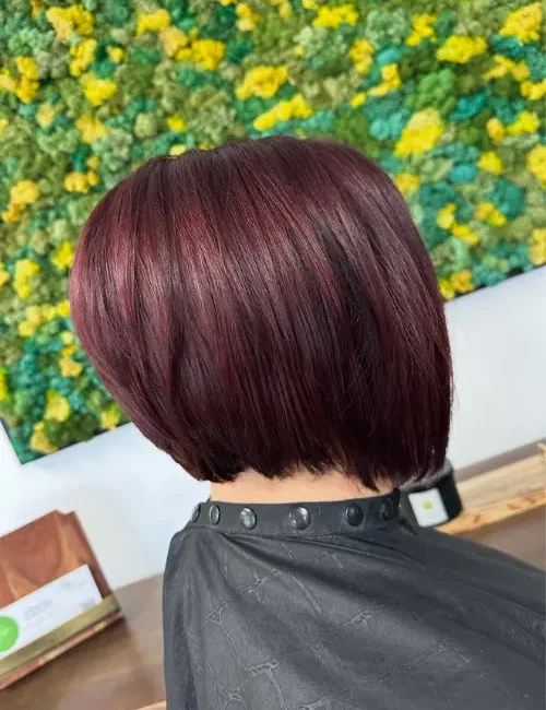 Side profile of a woman's hair, showcasing her new hair cut and reddish color at EDEN Spa Suites